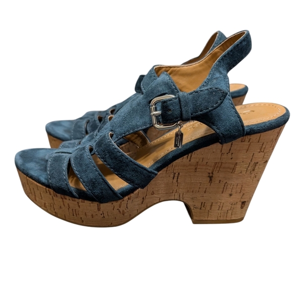 Coach Navy Blue Suede Kennedy Cork Wedge Heel Open Toe Ankle Strap Sandals 7.5B - Picture 1 of 11